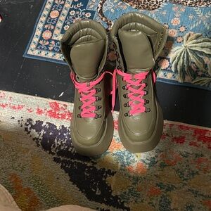 Olive Green Boots with Pink Laces and extra orange and green laces